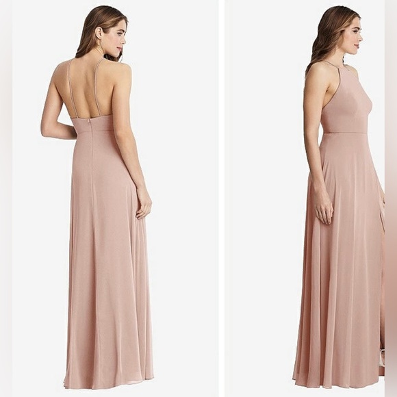 Dessy High Neck Chiffon bridesmaid Dress w/ Front Slit- toasted sugar, size 8 - Picture 9 of 11